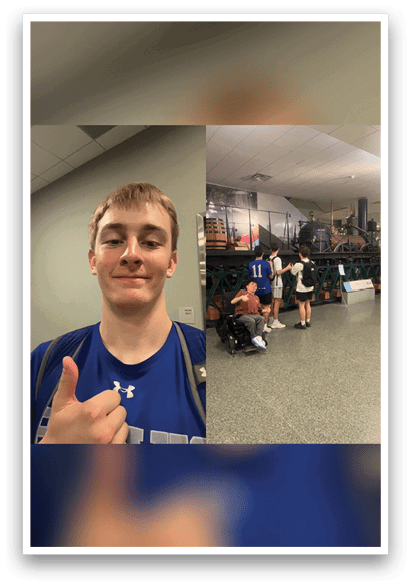 A young man with a thumbs up is standing in a room with other people. AI generated content