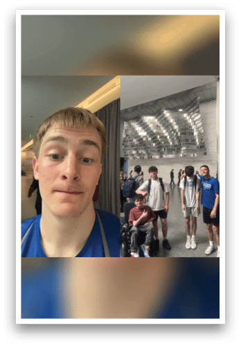 A man in a blue shirt is standing in front of a group of people. AI generated content