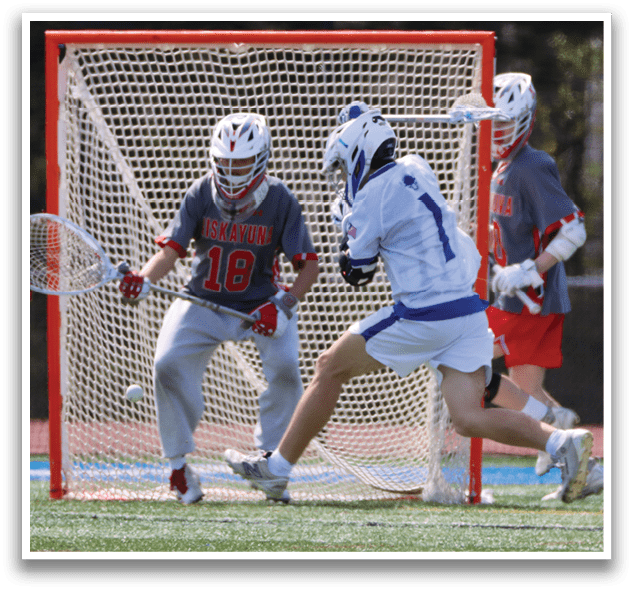 Three men playing lacrosse, one of them wearing a helmet. AI generated content
