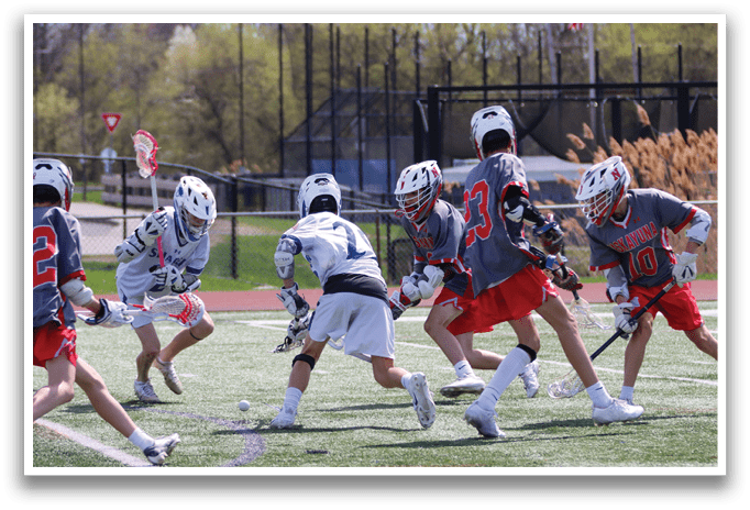 A group of young men playing lacrosse on a field. AI generated content