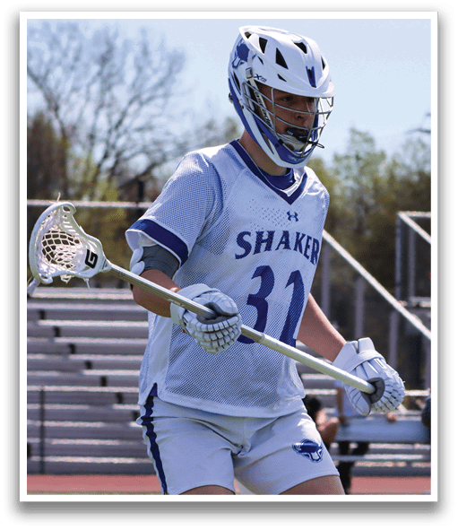 A man wearing a white and blue uniform is holding a lacrosse stick. AI generated content