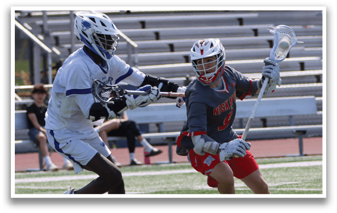 Two men playing lacrosse on a field, one of them is trying to get past the other. AI generated content