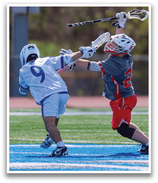 Two men playing lacrosse, one with a stick in the air, the other trying to block him. AI generated content