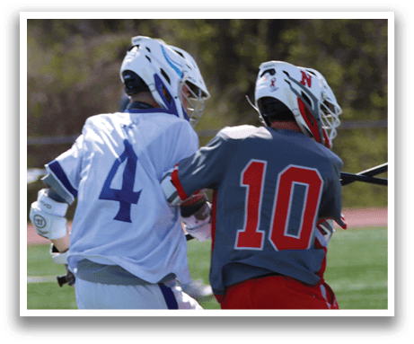 Two young men playing lacrosse on a field. AI generated content