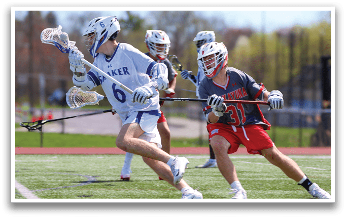 A lacrosse game is in progress with players running across the field. One player is holding a lacrosse stick and appears to be running towards the goal. Another player is wearing a red uniform and is running towards the goal as well. The players are actively engaged in the game, showcasing their athletic abilities. AI generated content