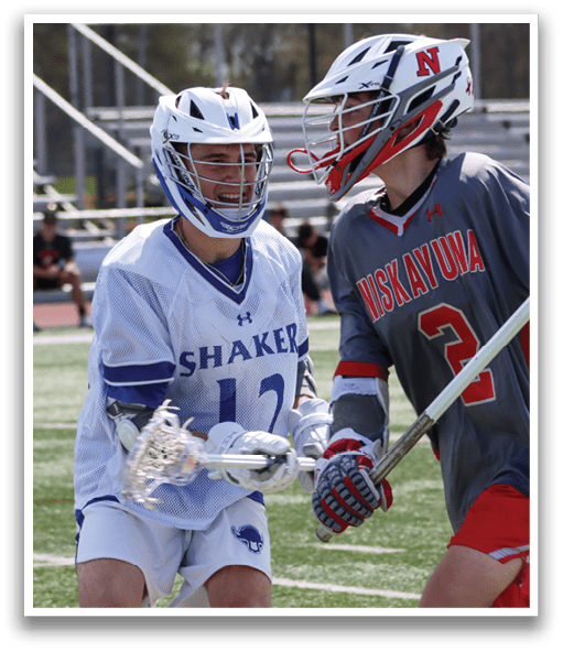 Two men playing lacrosse on a field. AI generated content