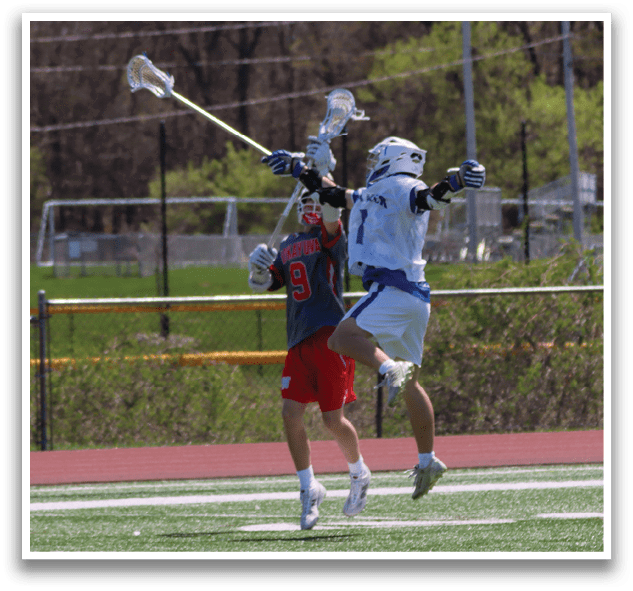 Two men playing lacrosse, one jumping in the air to hit the ball. AI generated content