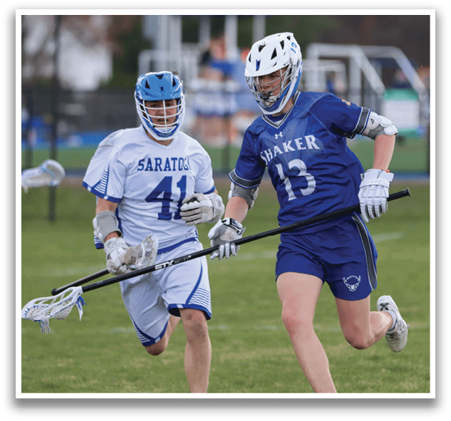 Two lacrosse players running on a field, one wearing a blue and white uniform and the other wearing a blue and white uniform with the number 13. AI generated content
