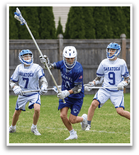 Three young men playing lacrosse on a field. AI generated content