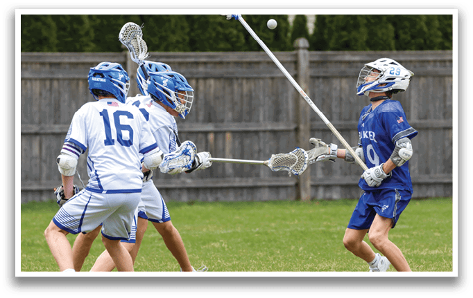 Three boys playing lacrosse, one of them is trying to hit the ball with a stick. AI generated content