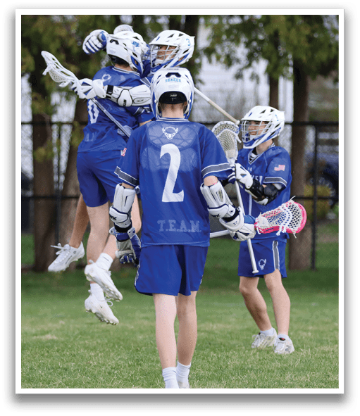A group of young men playing lacrosse, celebrating a goal. AI generated content