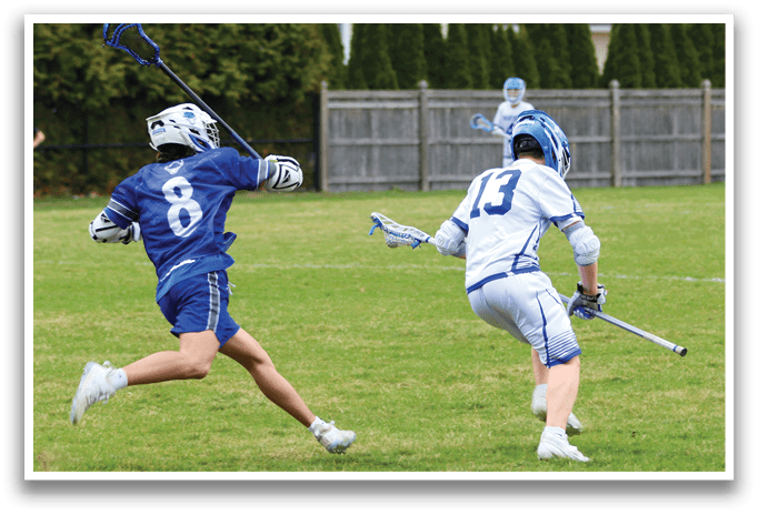 Two men playing lacrosse on a field. AI generated content