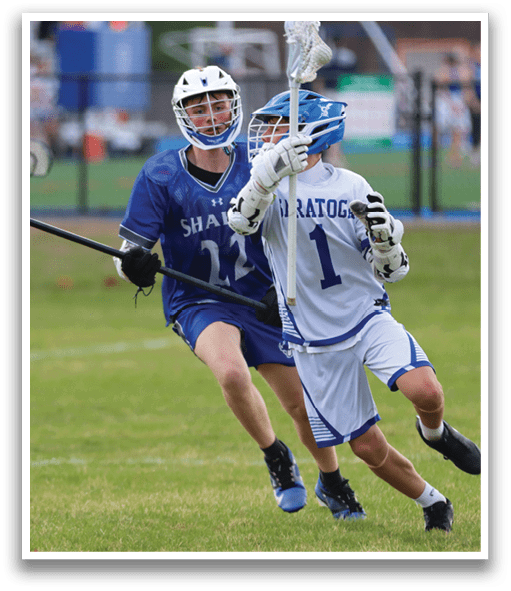 Two lacrosse players are fighting for the ball. AI generated content