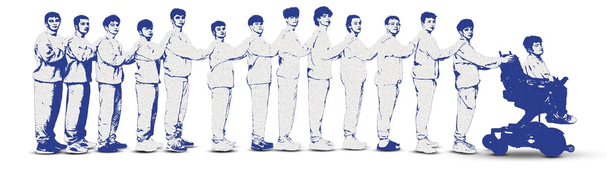 A group of people are standing in a line, with one person holding onto another. AI generated content