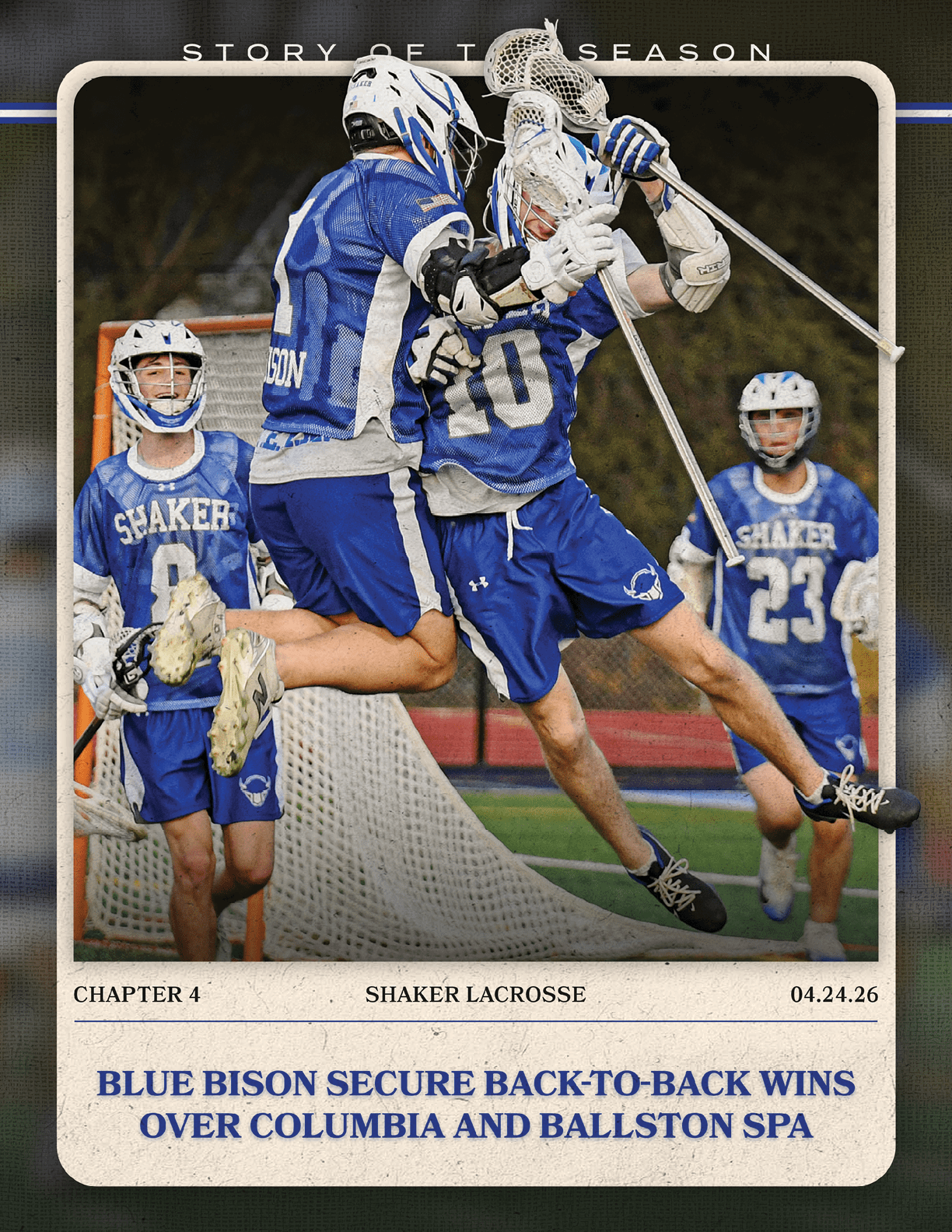 Two lacrosse players celebrating a win. AI generated content