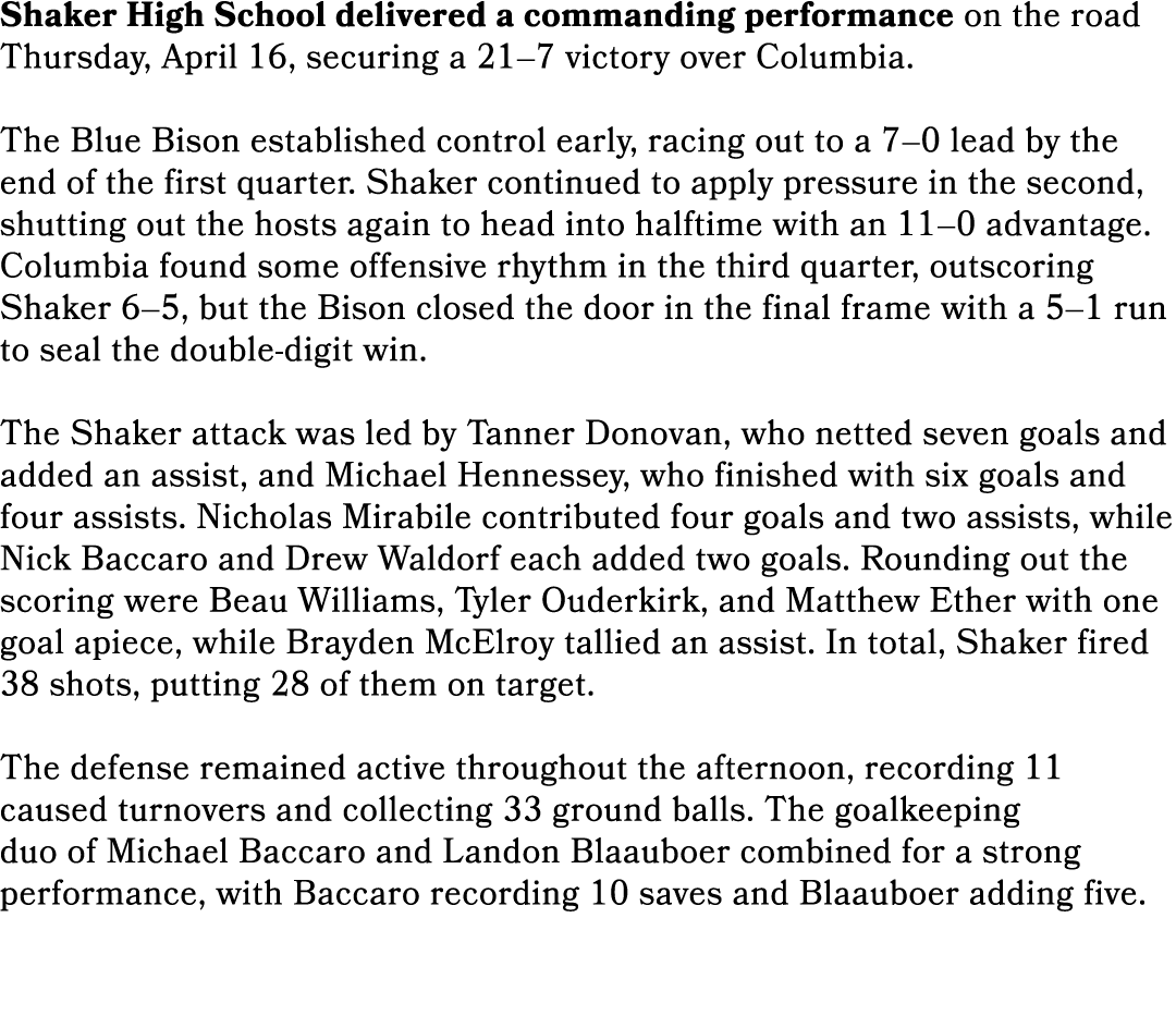 Shaker High School delivered a commanding performance on the road Thursday, April 16, securing a 21–7 victory over Co...