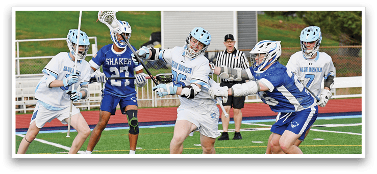 A group of young men playing lacrosse on a field. AI generated content