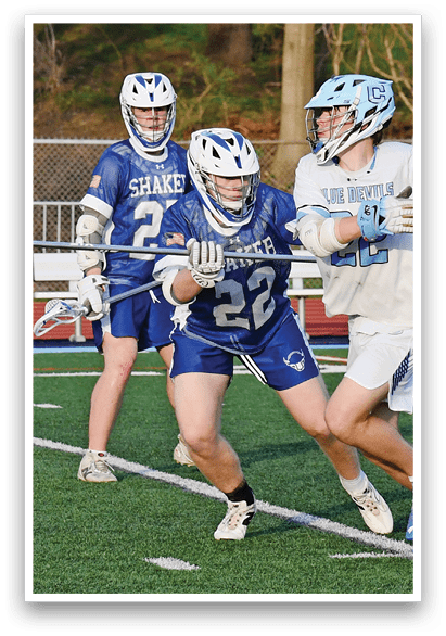 Three people playing lacrosse on a field. AI generated content