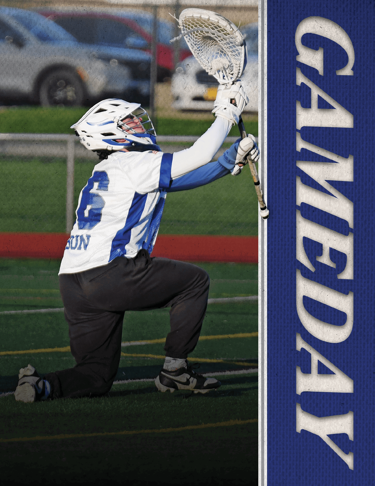 A man in a white and blue uniform is kneeling on a field holding a lacrosse stick. AI generated content