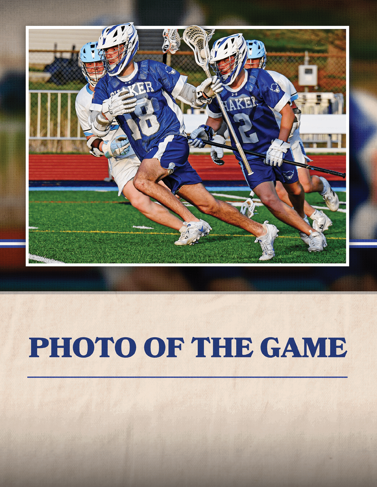 Three lacrosse players in action on a field. AI generated content