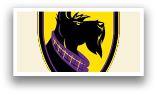 A purple and yellow shield with a black dog on it. AI generated content