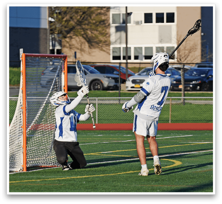 Two men playing a game of lacrosse, one is holding a stick and the other is holding a net. AI generated content