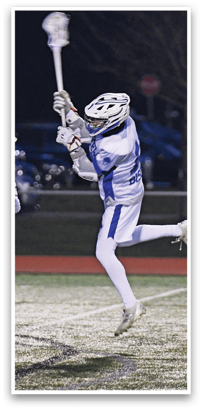 Two men playing lacrosse on a field. One man is holding a stick and the other is wearing a helmet. AI generated content