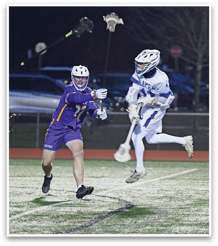 Two men playing lacrosse on a field. One man is jumping in the air with a lacrosse stick. AI generated content
