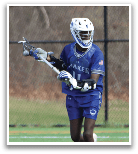 A man in a blue and white uniform is holding a lacrosse stick and walking on a field. AI generated content