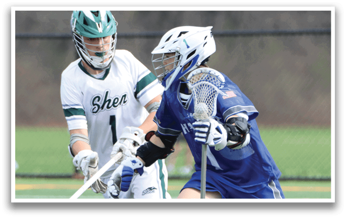 Two lacrosse players on a field, one wearing a green and white uniform and the other wearing a blue and white uniform. AI generated content