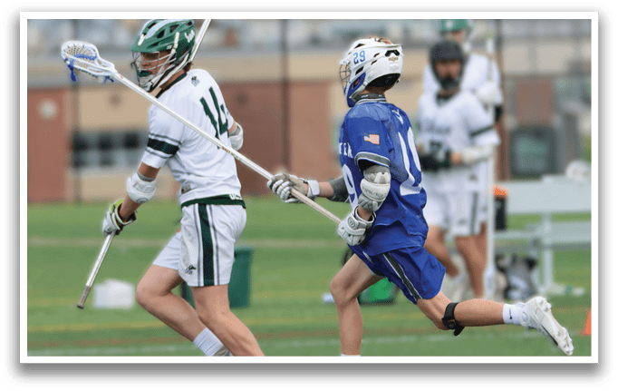 Two lacrosse players running on a field, one with a blue shirt and the other with a white shirt. AI generated content