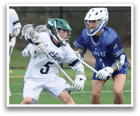 Two lacrosse players on a field, one wearing a green helmet and white uniform, the other wearing a blue helmet and blue uniform. AI generated content