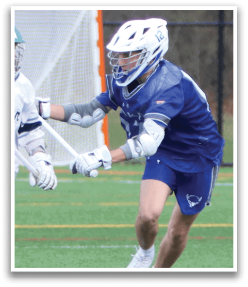 Two lacrosse players are running on a field, one wearing a green jersey and the other wearing a blue one. AI generated content