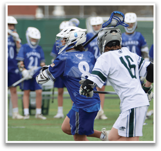 Two lacrosse players are fighting for the ball. AI generated content