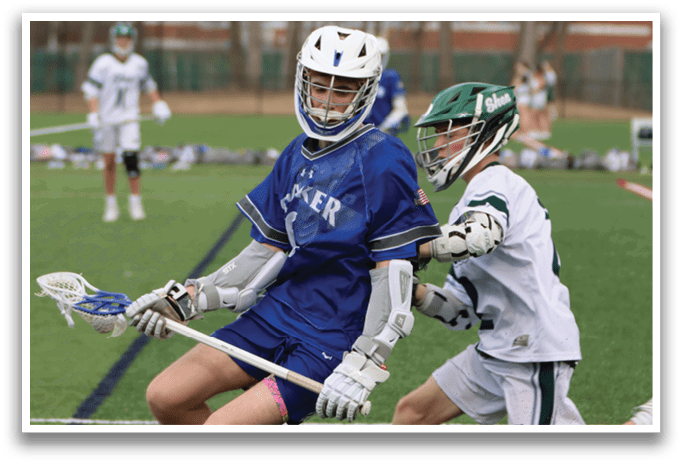 Two lacrosse players are fighting for the ball. AI generated content