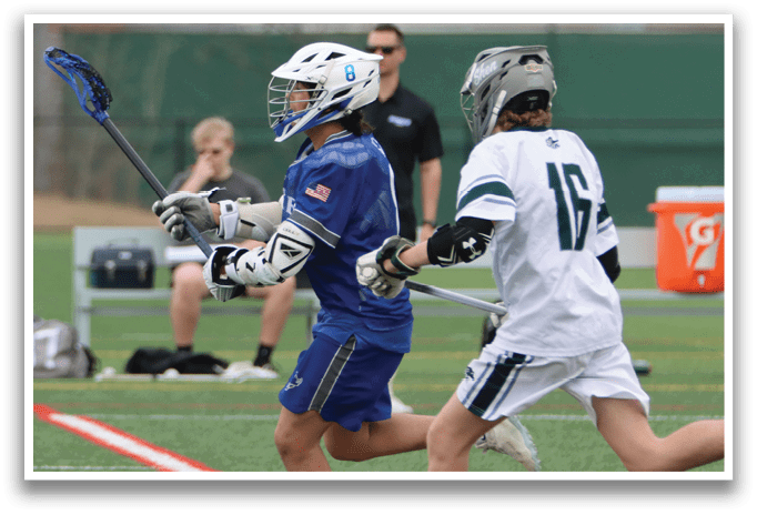 Two men playing lacrosse, one with a blue and white uniform and the other with a white and green uniform. AI generated content