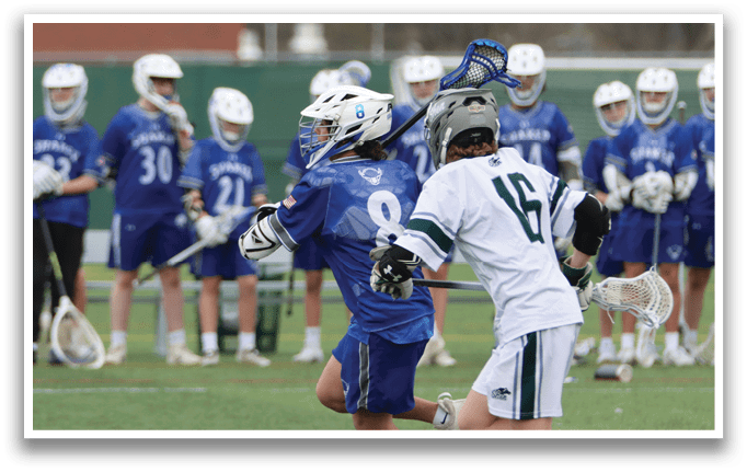 Two lacrosse players are fighting for the ball. AI generated content