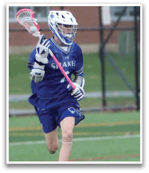 Two lacrosse players running on a field, one with a pink stick. AI generated content