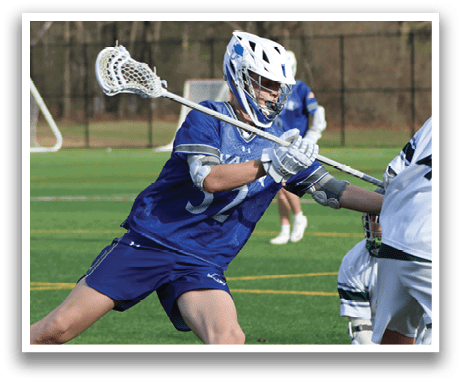 A man in a blue and white uniform is running with a lacrosse stick, attempting to score a goal. AI generated content