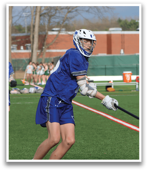 Two young men playing lacrosse on a field. One is holding a stick and the other is holding a glove. AI generated content