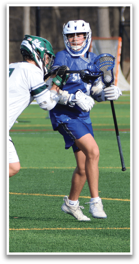 Two men playing lacrosse on a field. One man is holding a stick and trying to get past the other man. AI generated content