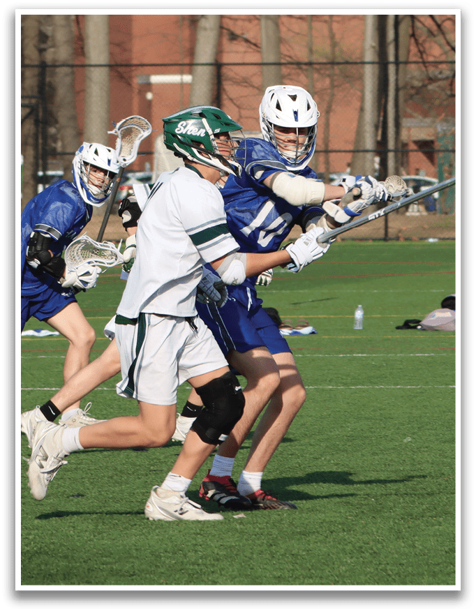 Three men playing lacrosse on a field. AI generated content