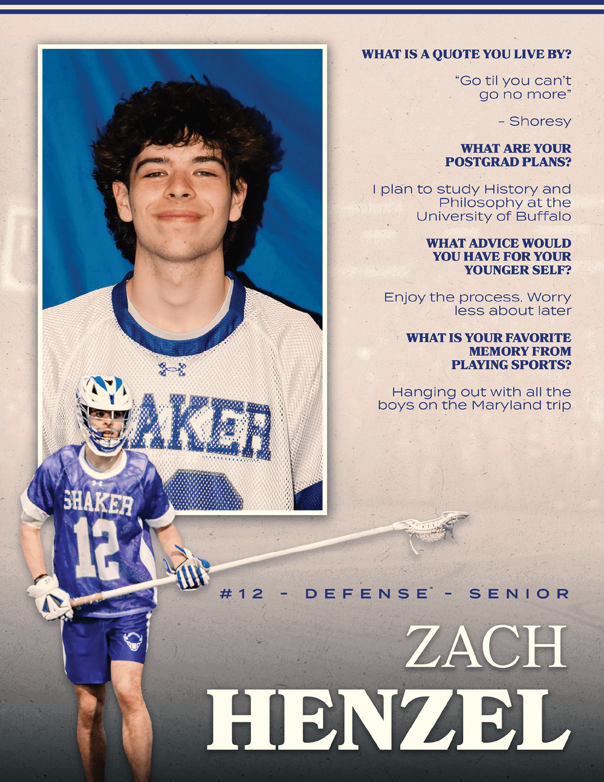 A young man wearing a blue and white shirt and holding a lacrosse stick. AI generated content