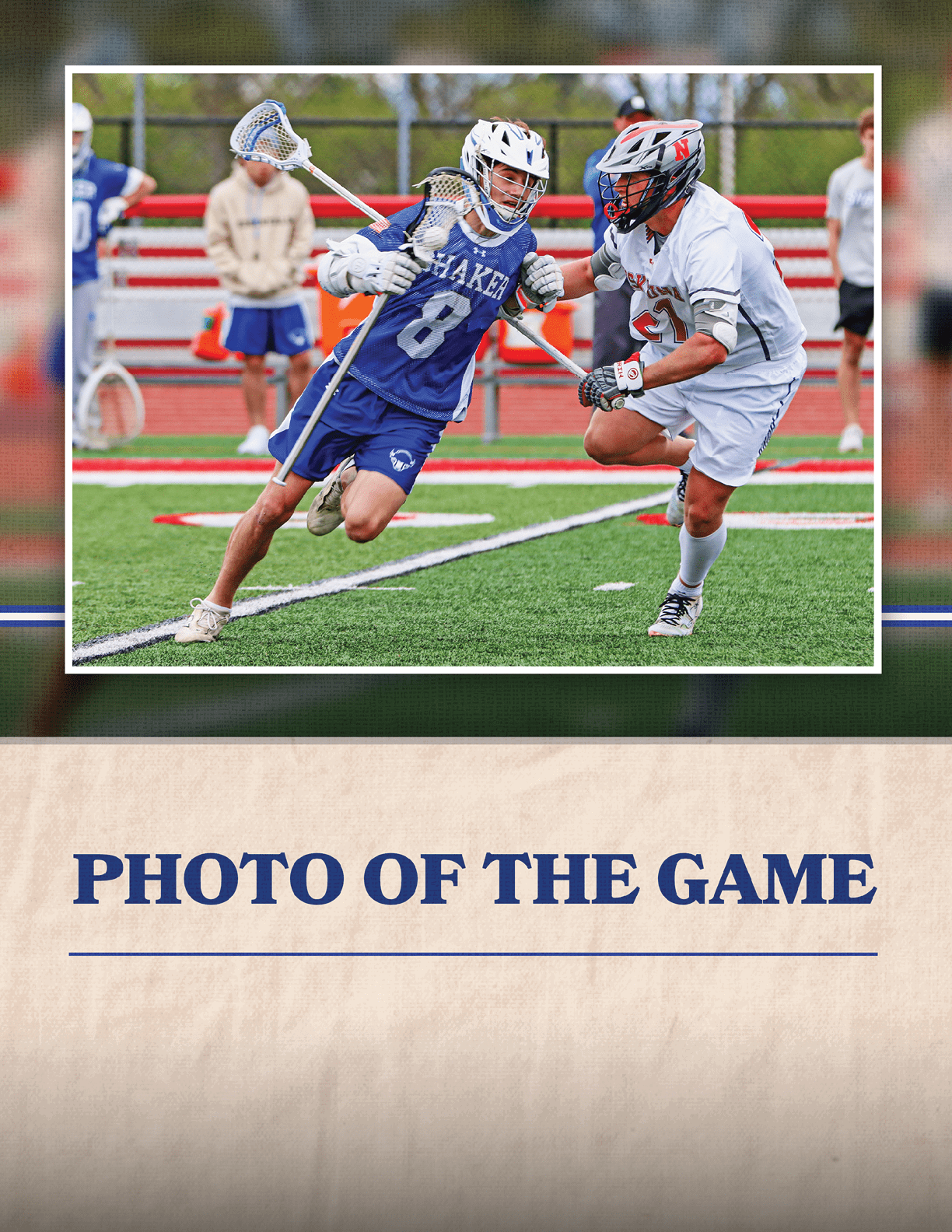 A man in a blue and white uniform is running with a lacrosse stick. Description generated by AI
