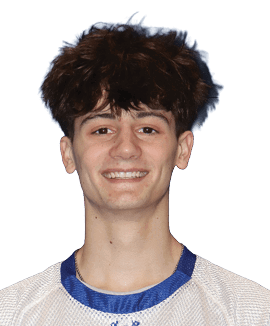 A young man wearing a blue and white shirt with the number 8 on it. Description generated by AI