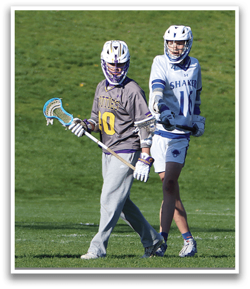 Two people playing lacrosse. Description generated by AI