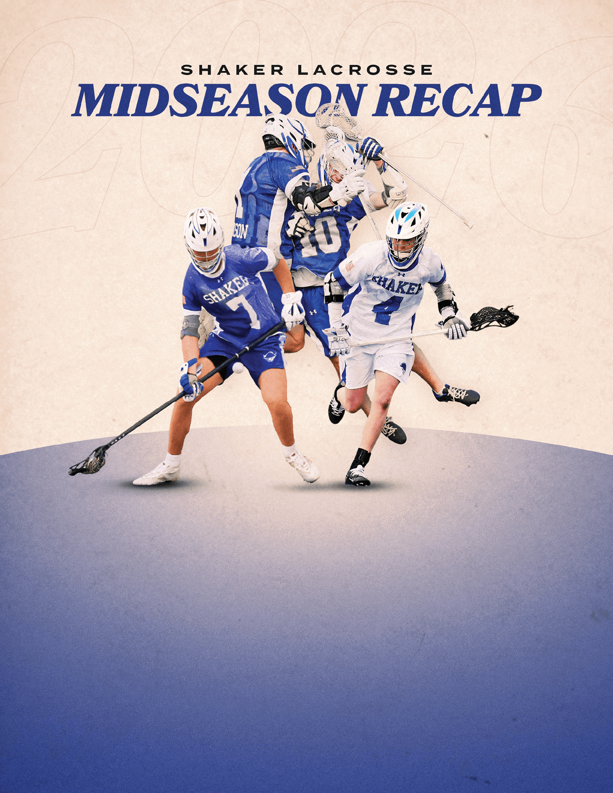 A blue and white poster of a lacrosse game. Description generated by AI