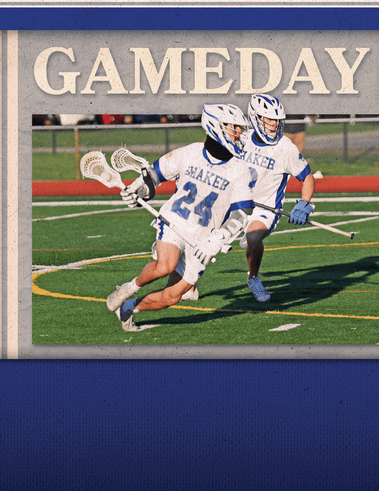 Two lacrosse players running on a field. AI generated content