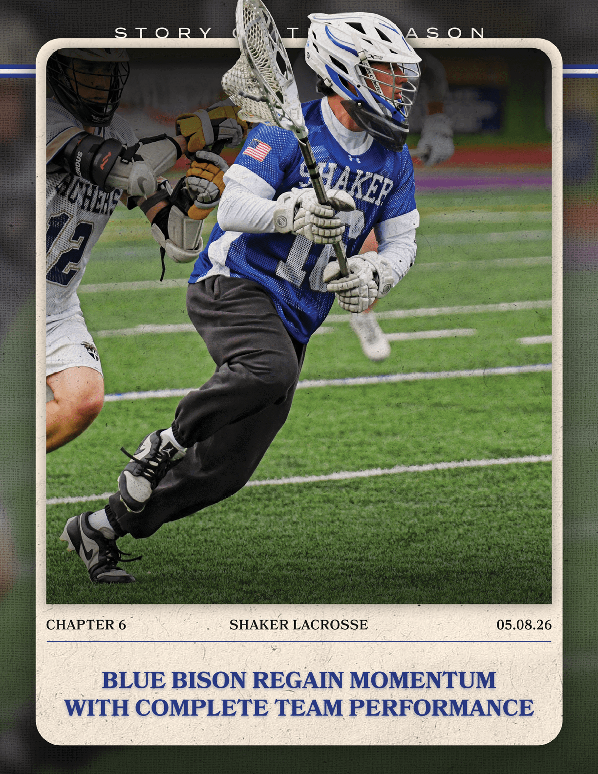 A lacrosse player in a blue uniform with the number 11 on it. Description generated by AI