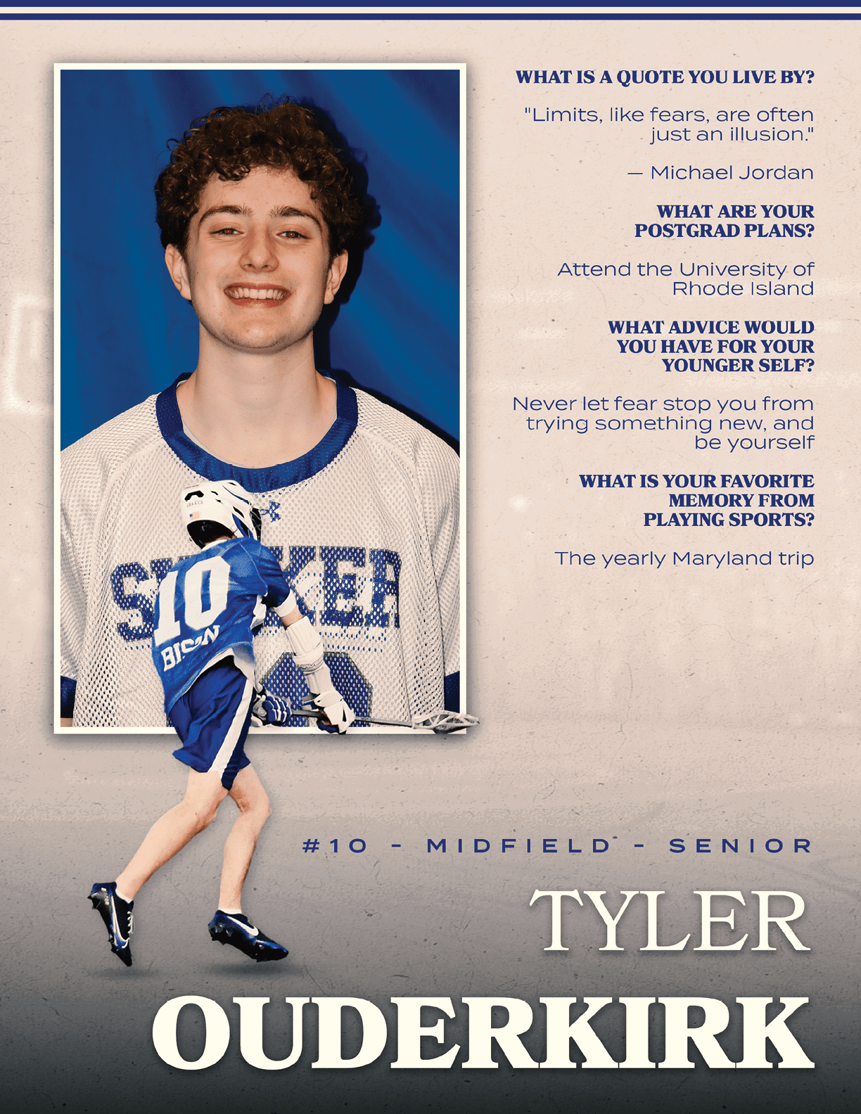 A young man wearing a blue and white jersey. Description generated by AI